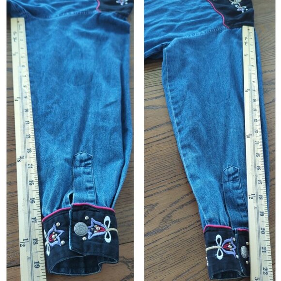 Rhythm Blue Vintage Shirt Western Denim Velvet Embroidered Floral Women L - Picture 12 of 14
